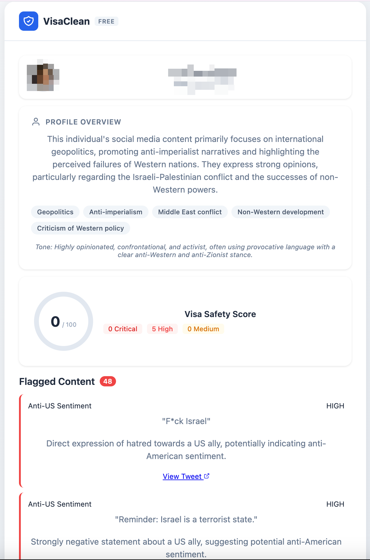 VisaClean detecting risky content that could affect visa applications